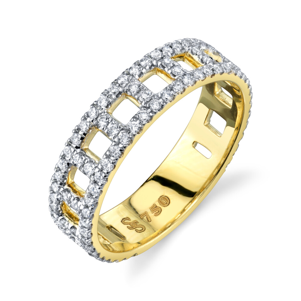 SLOANE STREET OPEN WINDOWPANE PAVE WHITE DIAMOND RING IN 18K YELLOW GOLD IS A CONTEMPORARY STACKER BAND THAT WILL COMPLIMENT ANY LOOK WHETHER STACKED UP WITH OTHER STYLES OR WORN ON ITS OWN. Pave Diamond Open Ring
