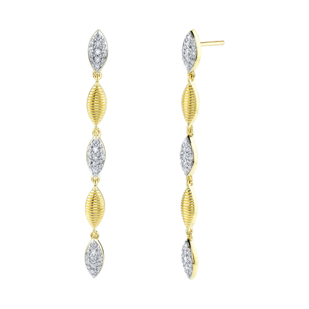 SLOANE STREET ELONGATED FIVE MARQUISE STATION EARRING WITH ALTERNATING WHITE DIAMOND PAVE PEA POD SHAPES AND TEXTURED STRIE PEA PODS WITH POST AND LARGE BACK CLOSURE. THE SLEEK DESIGN CREATES A CONTEMPORARY LOOK WITH A CLASSIC FEEL WHILE LIGHT AND COMFORTABLE TO WEAR EVERYDAY. Pave Diamond And Strie Marquise Drop Earrings