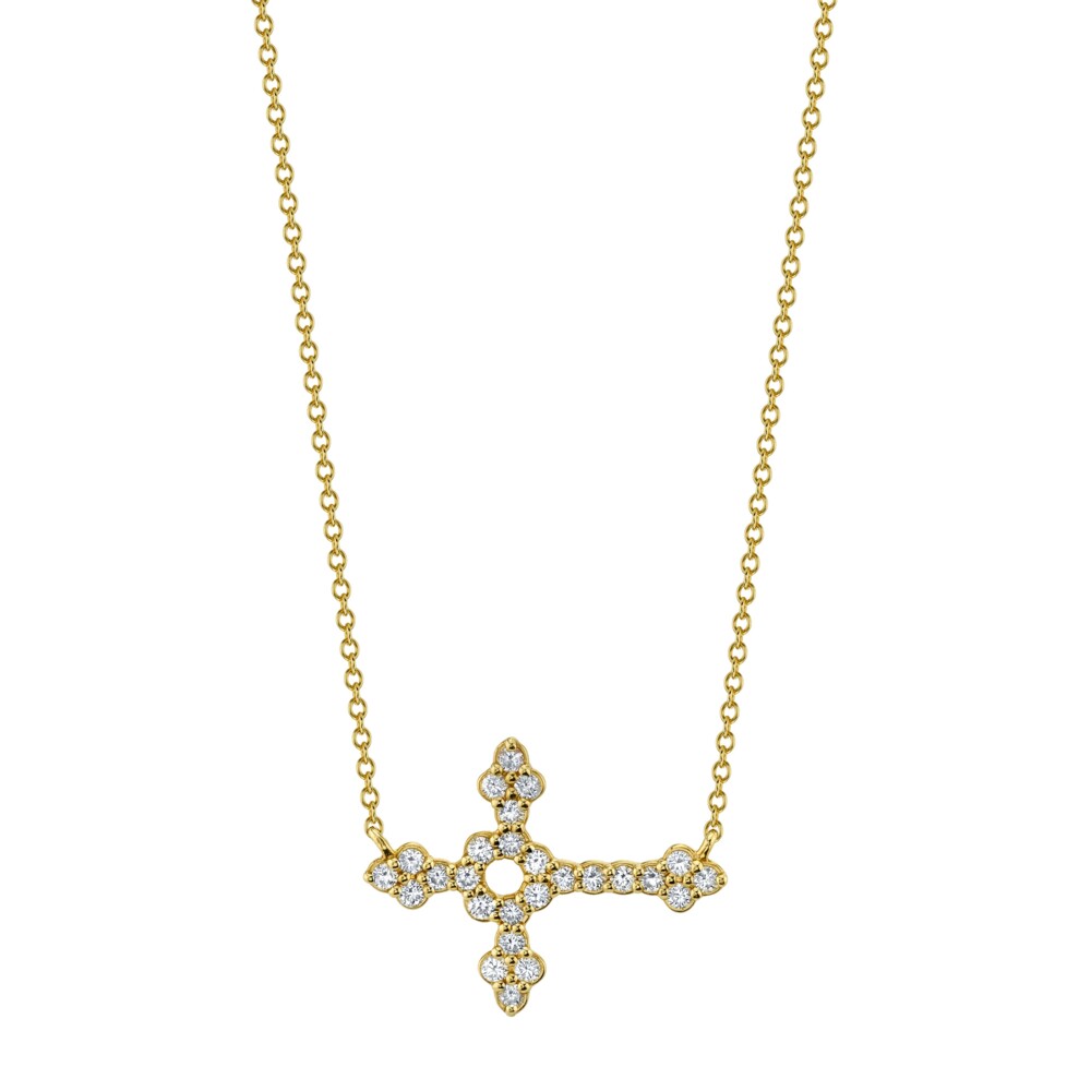 SLOANE STREET SIGNATURE MEDIUM CROSS FEATURES 26 BRILLIANT WHITE DIAMONDS SET EAST-WEST IN 18K YELLOW GOLD. INSPIRED BY DESIGNER, FRANCES’, TRIP TO JERUSALEM IN 2015, WHERE SHE WAS INFLUENCED BY THE MANY DIFFERENT TYPES OF CROSSES WHICH ULTIMATELY MANIFESTED INTO THE ICONIC SLOANE STREET SIGNATURE CROSS. AVAILABLE IN 3 DIFFERENT SIZES. Pave Diamond Medium Horizontal Cross Pendant