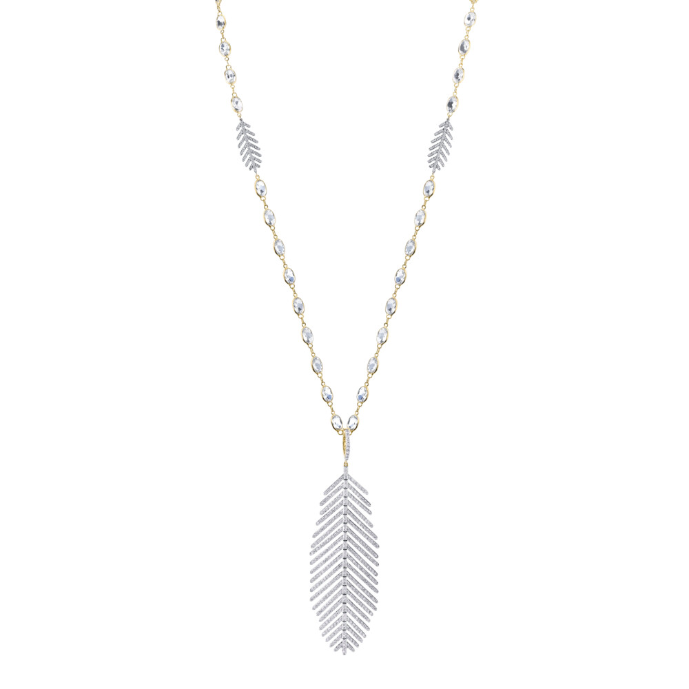 THE ICONIC LARGE ARTICULATED PAVE DIAMOND FEATHER PENDANT IN 18K ROSE GOLD IS THE PERFECT STAPLE FOR THE CLASSICALLY MODERN WOMAN. WITH 2.16TCW OF ROUND BRILLIANT CUT WHITE DIAMONDS SET SEAMLESSLY INTO THE GOLD CREATING A CARPET OF SPARKLE GLISTENING WITH EACH STEP. Pave Diamond Large Feather Pendant