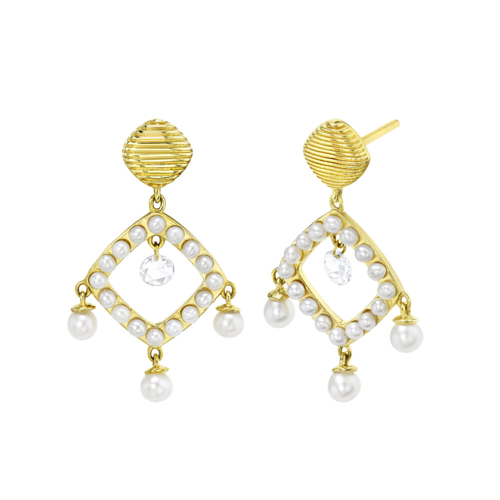 THESE SWEET AND FEMININE SLOANE STREET WINDOW-LIKE SILHOUETTE DANGLE EARRINGS FEATURE FRESHWATER WHITE PEARLS AND DELICATE, SPARKLING MICRO-DRILLED ROSE CUT DIAMONDS WITH STRIE TEXTURED CUSHION TOP WITH POST AND LARGE BACK CLOSURE IN 18K YELLOW GOLD. Open Seed Pearl Drop Earrings With Dangling Rosecut DIamonds