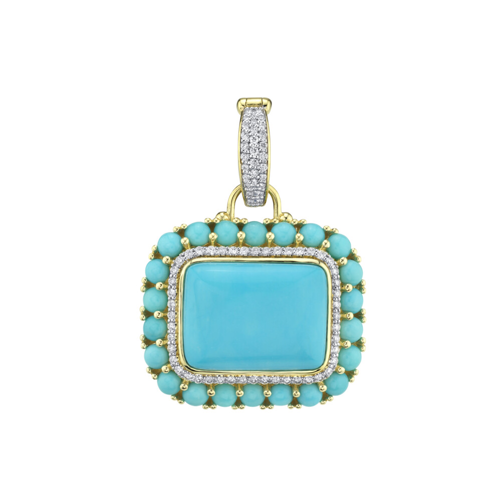 SLOANE STREET NATURAL TURQUOISE ENHANCER PENDANT IN 18K YELLOW GOLD FEATURES A BEZEL SET RECTANGULAR CUSHION CAB OF VIBRANT TURQUOISE SET OFF WITH A HALO OF BRILLIANT WHITE DIAMONDS SURROUNDED BY 3MM ROUND CABOCHON TURQUOISE GEMSTONES WITH A PAVE DIAMOND OPENABLE BALE FOR ADDED SPARKLE. THIS IMPACTFUL PENDANT IS BEAUTIFULLY FINISHED WITH A SIGNATURE SLOANE STREET GALLERY. Turquoise Pendant With Pave Diamonds