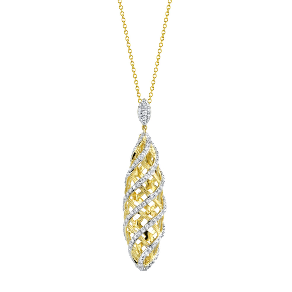 SLOANE STREET OPEN PAVE WHITE DIAMOND CAGE PENDANT ENHANCER IN 18K YELLOW GOLD FEATURES INTERLOCKING RIBBONS OF STRIE TEXTURE AND PAVE WHITE DIAMONDS CREATING A WHIMSICAL CAGE. THIS ICONIC 3-DIMENSIONAL PENDANT IS PART OF OUR AWARD-WINNING CAGE COLLECTION AND IS EXTREMELY VERSATILE FEATURING AN OPENABLE DIAMOND BALE ENABLING THE ABILITY TO MOVE THE PENDANT FREELY FROM CHAIN TO CHAIN. Pave Diamond Open Cage Pendant