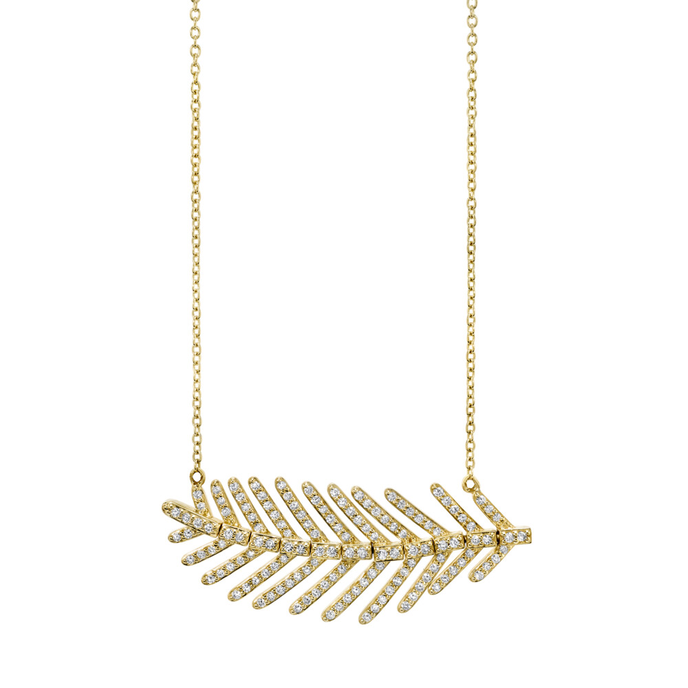 ACCENTED WITH SPARKLING ROUND BRILLIANT CUT PAVÉ DIAMONDS, THIS SMALL EAST-WEST SLOANE STREET FEATHER PENDANT IN 18K WHITE GOLD IS DELICATELY SUSPENDED ON A STURDY BOSTON CHAIN. FOR ADDED VERSATILITY, THE CHAIN CAN BE FASTENED AT EITHER 16" OR 18", MAKING IT IDEAL FOR LAYERING. EACH SPINE OF THE FEATHER IS ARTICULATED TO FLEX WITH EACH MOVE YOU MAKE. Pave Diamond Medium Feather Pendant