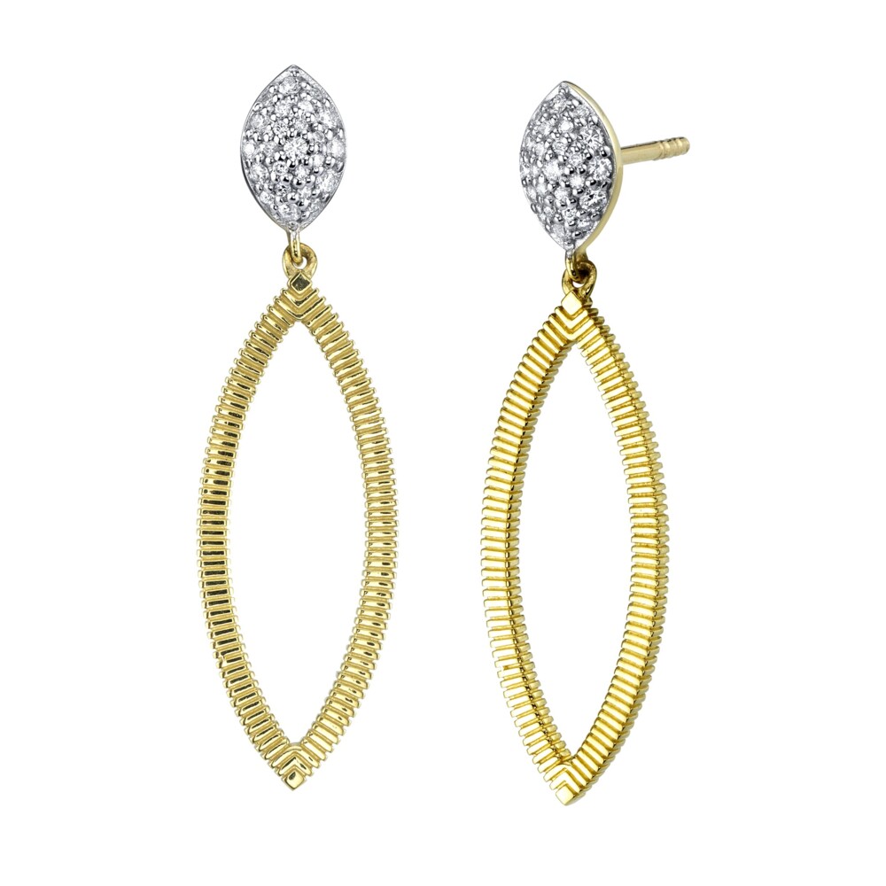 SLOANE STREET SMALL DIAMOND MARQUISE AND STRIE DROP EARRING IN 18K YELLOW GOLD IS THE PERFECT DAY TIME CASUAL EARRING WITH POST AND LARGE PUSH BACK CLOSURE. THE BEAUTIFUL GOLD SIGNATURE STRIE FINISH ADDS TEXTURE AND UNIQUENESS, WHILE THE DIAMONDS ADD THE PERFECT AMOUNT OF SPARKLE. Strie Marquise Drop Earrings With Pave Diamonds