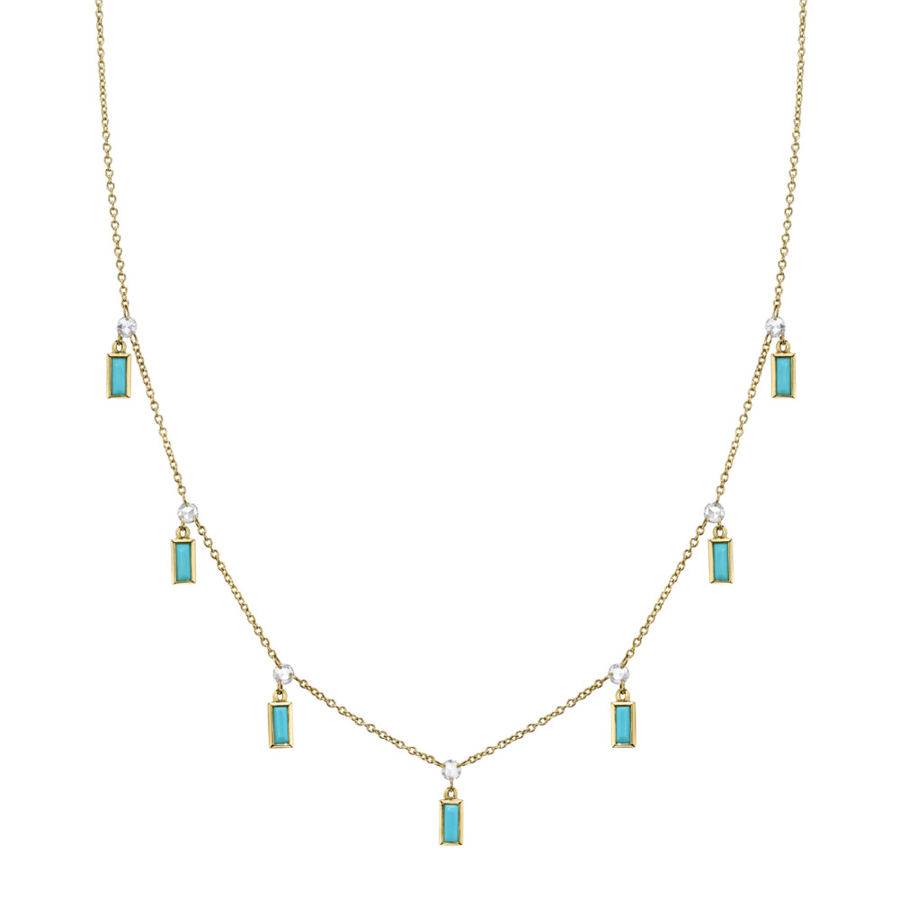 DELICATE AND ON-TREND SLOANE STREET NATURAL TURQUOISE AND WHITE DIAMOND ROSE CUT NECKLACE IN 18K YELLOW GOLD DRIPS OFF THE NECK FEATURING MICRO-DRILLED ROSE CUT DIAMONDS AND SEVEN HANGING TURQUOISE BAGUETTES ON A CLASSIC BOSTON CHAIN THAT CLASPS AT 18” AND 16” FOR MAXIMUM VERSATILITY. Rosecut Diamond Chain With Hanging Turquoise Baguettes
