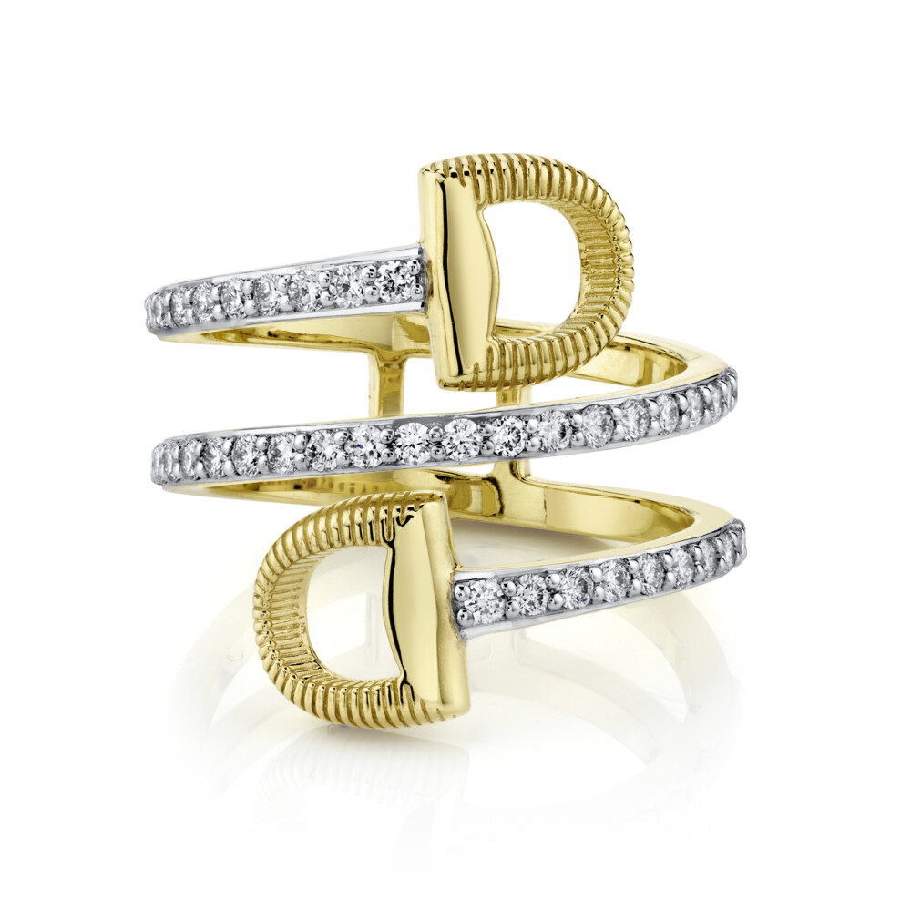 SLOANE STREET EQUESTRIAN COLLECTION TRIPLE WRAP HORSE BIT RING IN 18K YELLOW GOLD FEATURES A BRILLIANT WHITE DIAMOND PAVE WRAP SHANK AND A COMBINATION OF SHIMMERING STRIE TEXTURE AND RICH HI-POLISH THAT EFFORTLESSLY HUGS THE FINGER. THE CLASSIC BIT MOTIF WAS INSPIRED BY CHARLOTTE AND FRANCES’ HORSE BACKGROUND AND ELITE RIDING CAREERS AND WILL REMAIN A TIMELESS STYLE FOR YEARS TO COME. Pave Diamond Wrap Around Double Horse Bit Ring