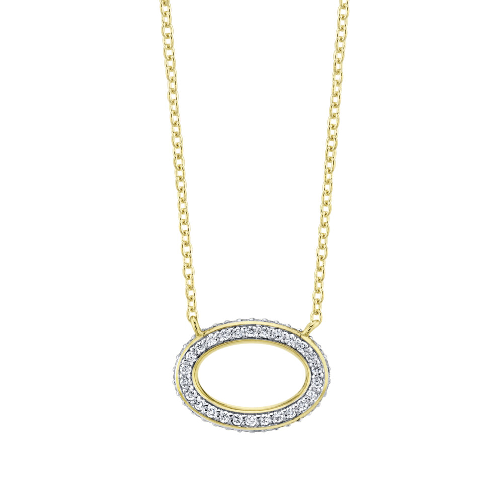 SLOANE STREET OPEN OVAL PENDANT WITH PAVE WHITE DIAMONDS WRAPPING IN THREE ROWS HUGGING THE CURVATURE OF THE LINK TO GIVE YOU SPARKLE FROM EVERY ANGLE. THIS EASY EVERY DAY LAYERING PENDANT HANGS FROM A STATIONARY BOSTON CHAIN AT 16” IN 18K YELLOW GOLD. Pave Diamiond Dainty Oval Pendant