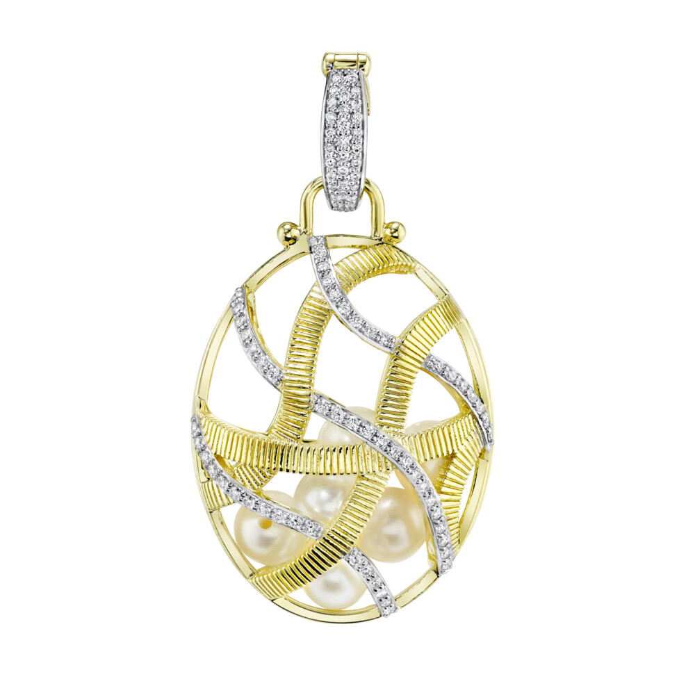 SLOANE STREET WHITE DIAMOND AND SIGNATURE STRIE TEXTURE RIBBONS BEAUTIFULLY INTERTWINE TO CREATE A 3D CAGE IN 18K YELLOW GOLD, FILLED WITH LUSTROUS 6MM FRESHWATER LOOSE PEARLS. THIS AWARD-WINNING CAGE DESIGN IS SURE TO BE A FUTURE HEIRLOOM. Large Diamond Cage Pendant Filled With Seed Pearls