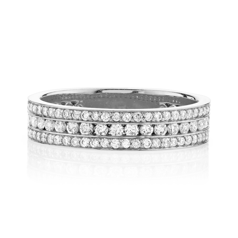 SLOANE STREET THREE ROW PAVE DIAMOND BAND IN 18K WHITE GOLD FEATURES AN INSET ROW OF 1.5MM DIAMONDS WITH TWO ROWS OF 1MM PAVE DIAMONDS CREATING A GLISTENING CARPET OF SPARKLE. ADD TO YOUR STACK OR WEAR AS A BEAUTIFUL WEDDING BAND, THIS DIAMOND RING COMPLIMENTS EVERY LOOK. Pave Diamond Triple Row Band