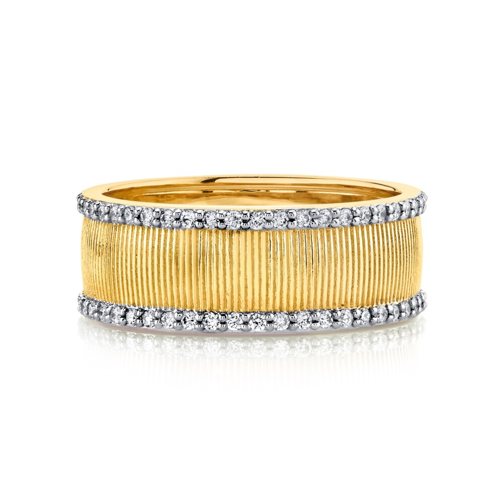 SLOANE STREET SIGNATURE STRIE ETERNITY BAND IN 18K YELLOW GOLD FEATURES A 7MM BAND OF RICH STRIE TEXTURE WITH WHITE DIAMOND EDGE DETAIL FOR AN ELEGANT TWO-TONE LOOK. THIS BAND WAS ONE OF THE FIRST PIECES EVER DESIGNED IN OUR COLLECTION AND REMAINS A STAPLE FOR ITS TIMELESS ALLURE. SURLY AN HEIRLOOM PIECE THAT WILL OUTLAST THE TEST OF TIME. Strie Band With Diamonds