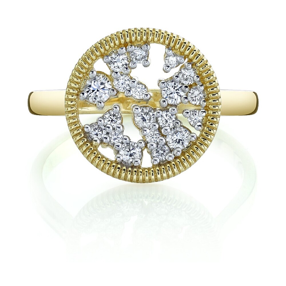 SLOANE STREET PETITE ROUND CELESTIAL COLLECTION WHITE DIAMOND RING IN 18 YELLOW GOLD FEATURES SIGNATURE STRIE EDGE DETAIL WITH SLIGHTLY CONCAVE DESIGN OF SCATTERED GRADUATED WHITE DIAMONDS WITH FEMININE AIR SPACE TO CREATE THE ILLUSION OF THE NIGHT SKY WITH SIMPLE HI-POLISH SHANK. Diamond Celestial Ring