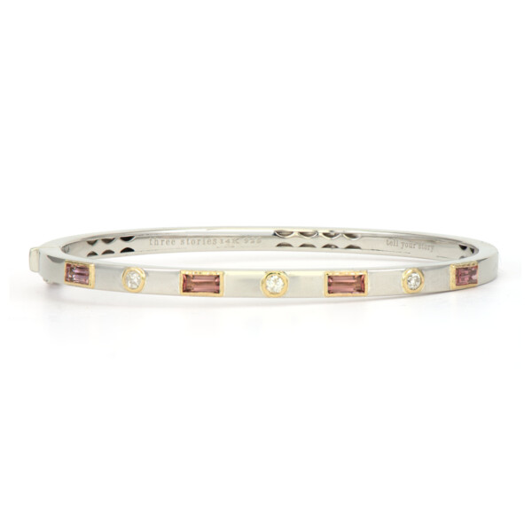Closeup photo of Classic Silver Pink Tourmaline And Diamond Bangle With Gold Accents