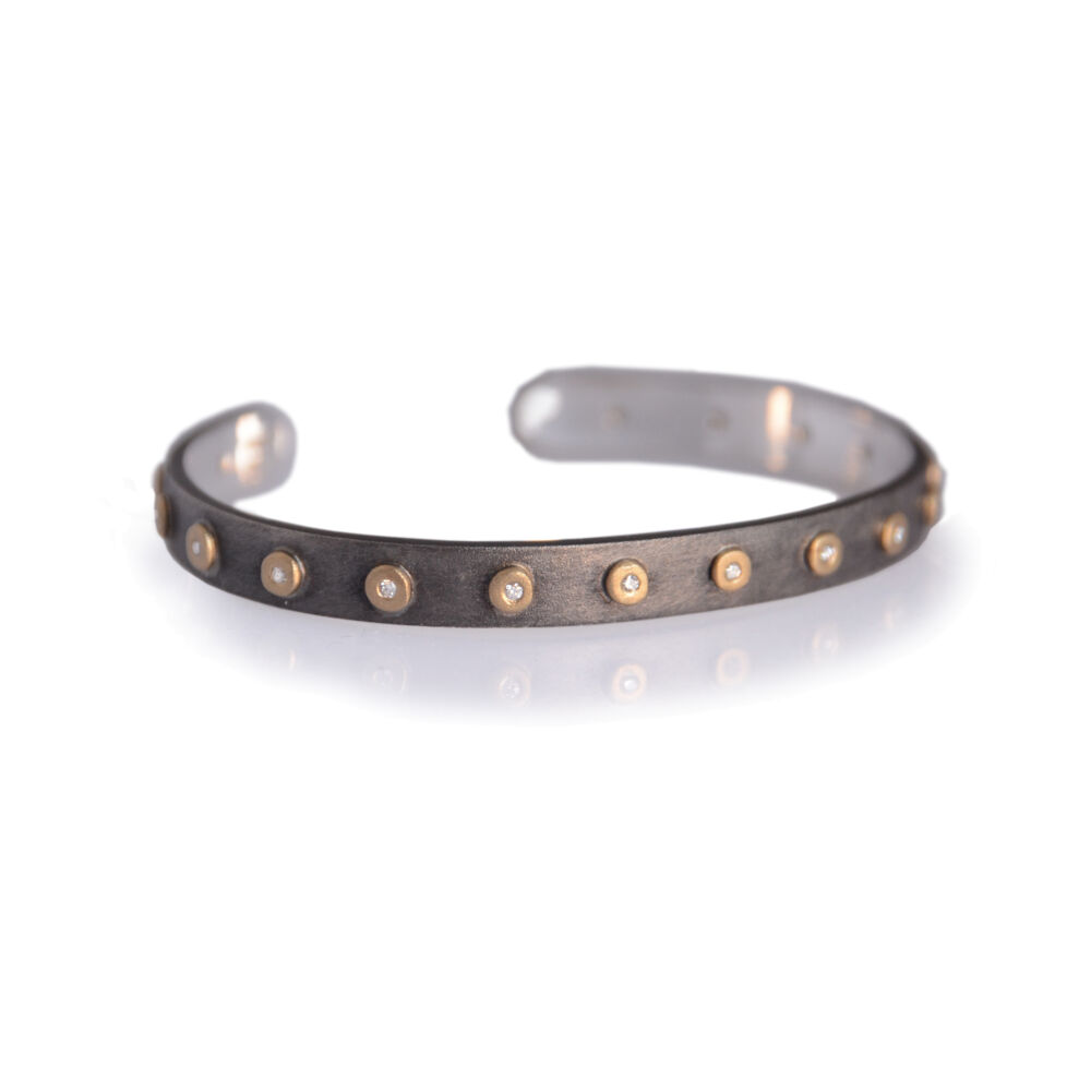 Oxidized Sterling Silver Cuff Bracelet with White Diamonds in 18K SS/18k Compliment Cuff