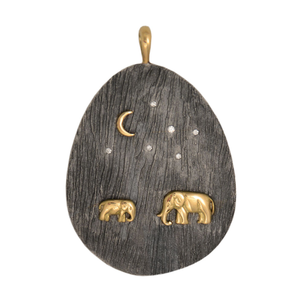 Oxidized Sterling Silver Pendant with 18K Mother and Baby Elephants and White Diamonds Tsavo Nights Large Pendant