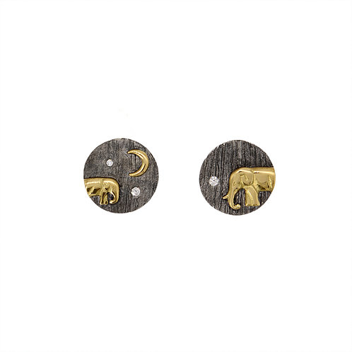 Oxidized Sterling Silver Studs with Mother and Baby Elephant - 18K and Diamonds Mother and Baby Elephant Studs - Silver
