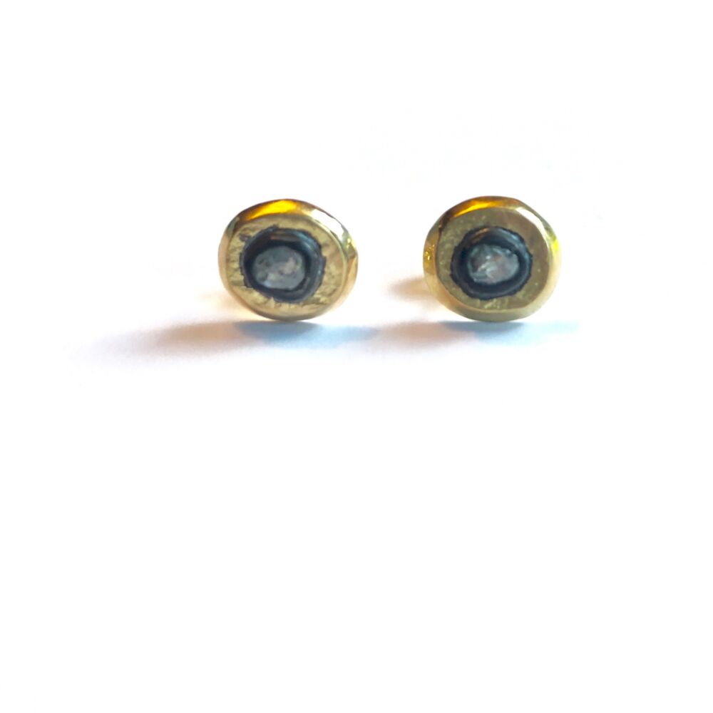 18K Circle Studs with Raw Diamonds set in Oxidized Sterling Silver Raw Diamond Circle Studs