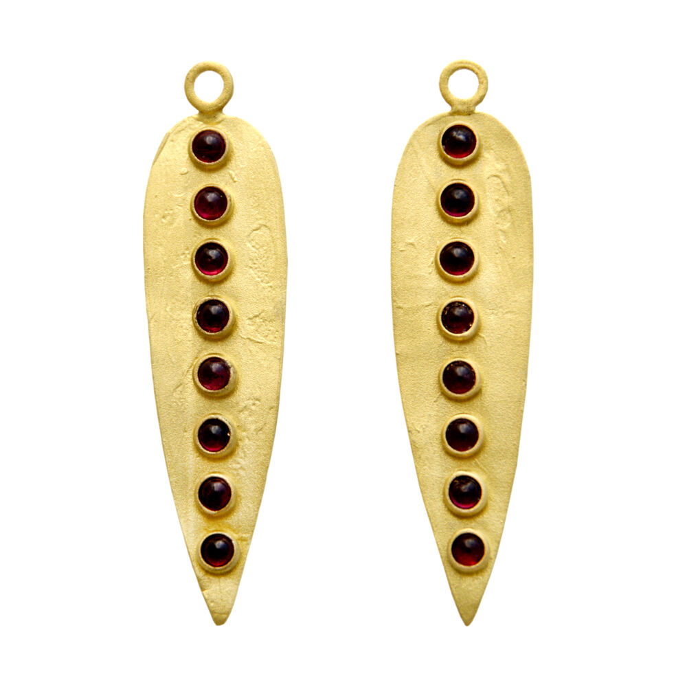 18K Gold Dinka Earring Charms lined with Garnet Cabochons Primitive - Garnet Dinka Earrings