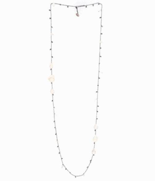 DNA Shine Single Strand Necklace w/Hematite & Tri Pearl Stations - Ruthenium