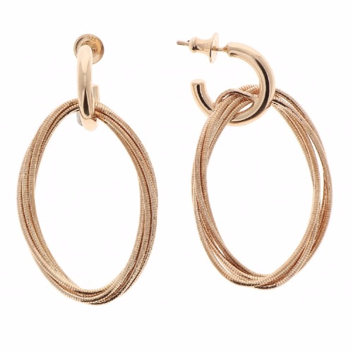 These fun, five looped 18 karat rose gold vermeil earrings are versatile and stylish. The dimensions of this oval are roughly 1 5/8" by 1 1/8". A special and much loved feature to these earrings is that there is no separate back as they are infinity hoops. Whether you're looking for an everyday hoop or bling for a sophisticated look, these will be your best friend. DNA Spring Small Oval Earrings - Rose Gold