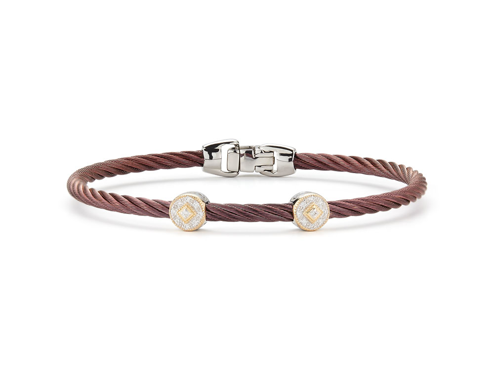 Burgundy cable 3mm, 18 karat White Gold and Yellow Gold, 0.09 total carat weight Diamonds and stainless steel. Imported.
04-20-S922-11