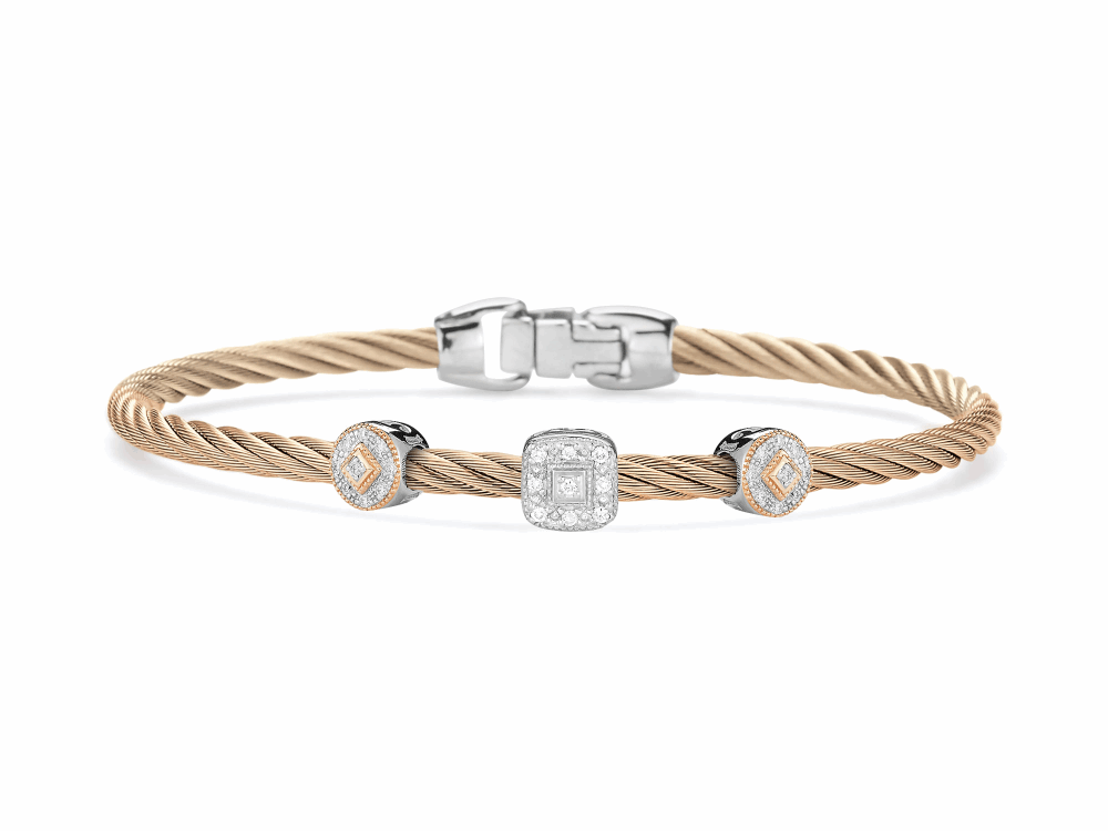 Carnation cable 3mm, 18 karat White Gold and Rose Gold, 0.14 total carat weight Diamonds and stainless steel. Imported.
04-25-S921-11