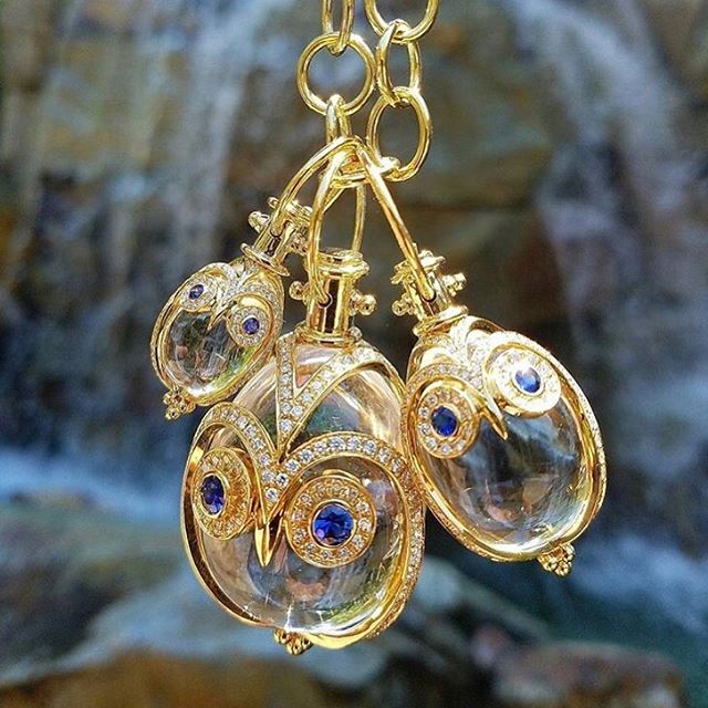 Image 2 for Small 18K Owl Amulet with blue sapphire and diamond pave
