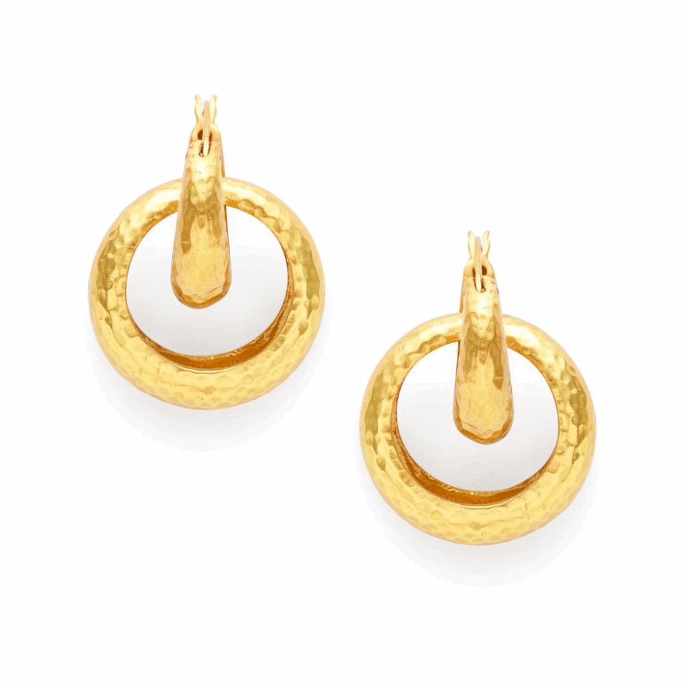 Lightly hammered finish adds shimmer to this 2-in-1 hoop. Double hoop 1.75 inches, single hoop 0.75 inches. 24K gold plate. Julie Vos hallmark.
Catalina 2-in-1 Hoop Earrings