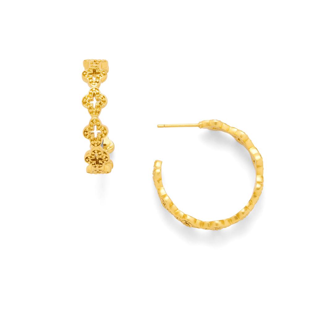 Slender hoop embellished with gilded quatrefoils. Hoop diameter: Medium 1.25 inches/Large 1.75 inches. 24K gold plate.
Florentine Gold Hoop Earrings