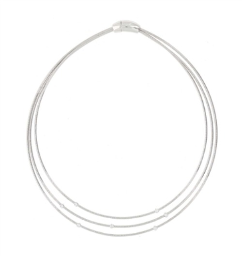 Sterling Silver and DIA: Brilliant SI/ Color H-I 0.21ctw 0.03ct each DNA Spring 3 Strand Necklace With 7 Diamond Stations - Rhodium