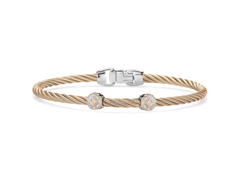 Carnation cable 3mm, 18 karat White Gold and Rose Gold, 0.09 total carat weight Diamonds and stainless steel. Imported.
04-26-S922-11