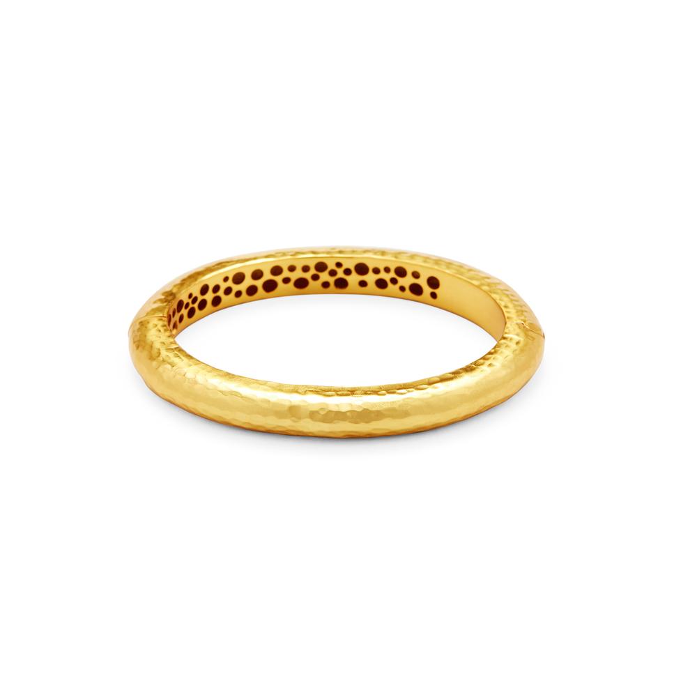 Lightly hammered bangle. Hinged to fit all wrists. Mother of pearl, imported glass. 24K gold plate. Julie Vos hallmark. Catalina Hinge Bangle