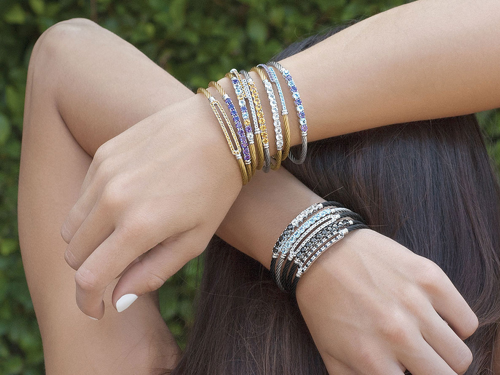 Image 2 for ALOR Ladies Bangle – Yellow Cable with White Gold and Blue Topaz Gemstones