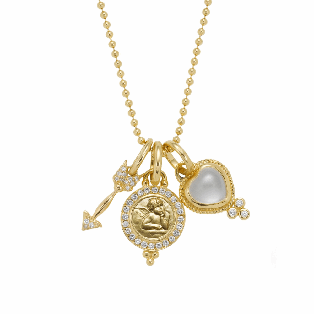18k Amore Charm Necklace - 18k Diamond Halo Angel Pendant, 18k Diamond Arrow, and 18k Rock Crystal Heart. 18k Amore Charm Necklace