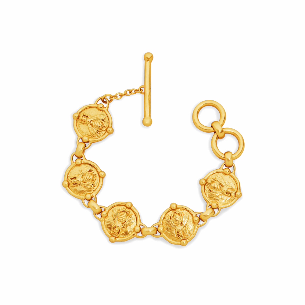 24K gold plate bee bracelet. Five coins displaying a bee linked together to form this classic styled bracelet. Bee Link Bracelet