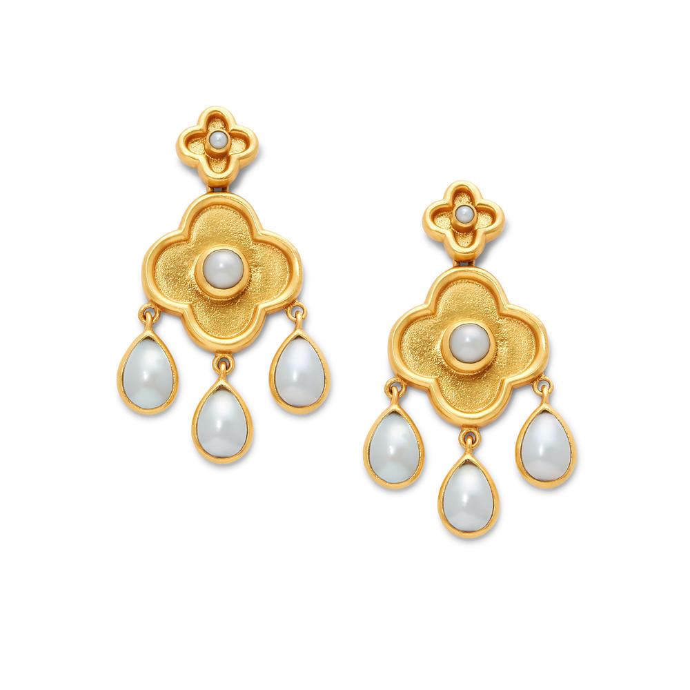Gilded quatrefoil flowers with cabochon accents and pear shape cabochon drops. 1.75 inches. Post. Pearl, composed turquoise. 24K gold plate. Julie Vos hallmark. Daphne Chandelier Gold Pearl Earring