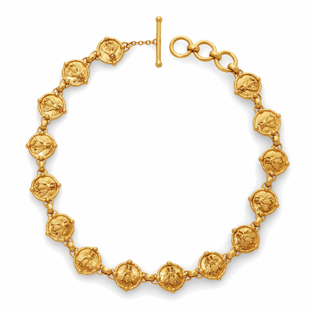 24k gold plated bee necklace. Featuring 15 coins displaying bees on them, linked together to form this necklace. Bee Link Necklace