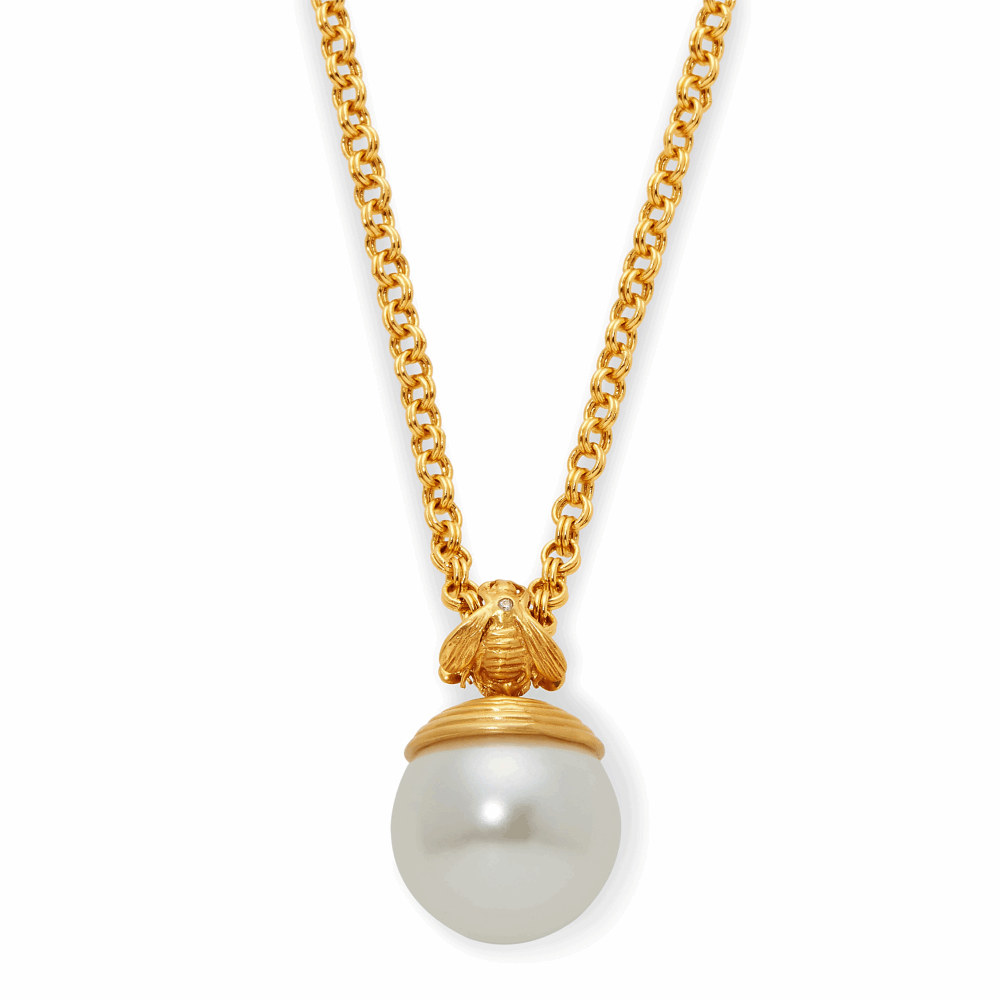 Bee with pearl station pendant set in 24k gold plate over nickel free brass. Bee w/Pearl Pendant