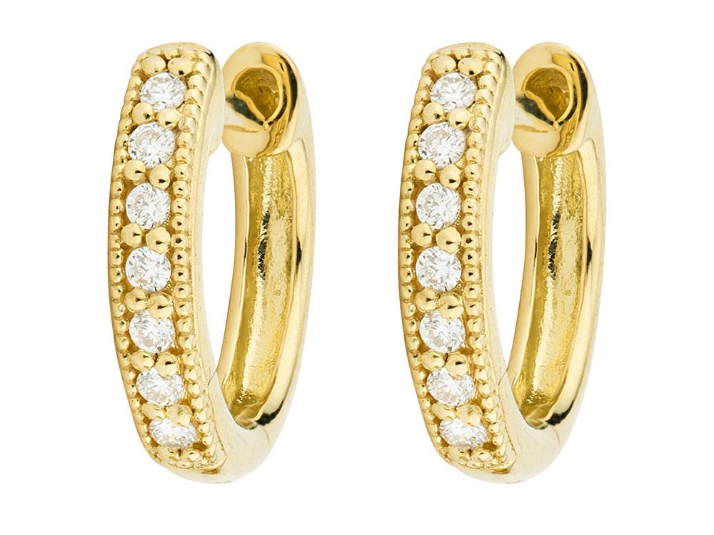 the Small Diamond Huggie Hoop Earrings feature sparkling diamonds pave set in 18K yellow gold. Diamond Huggie Hoop Earrings Eh003-Yl