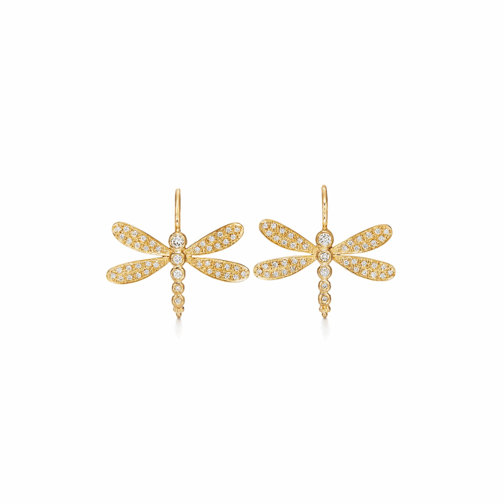 18K gold Fun and Flirty Dragonfly Earrings
Diamond (0.52cts). Pave diamonds on the wings and larger diamonds down the body.
Length: 17.5mm/0.7", Width: 20mm/0.8"
Imported 18k Dragonfly Earrings