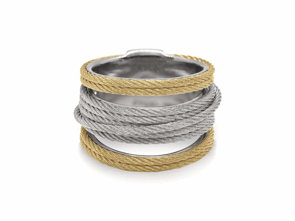 Grey and yellow cable with stainless steel. Imported. SKU: 02-43-S423-00 ALOR Noir Multi-Cable Separated Stack Ring in Yellow and Silver Alternating Cable - ALOR