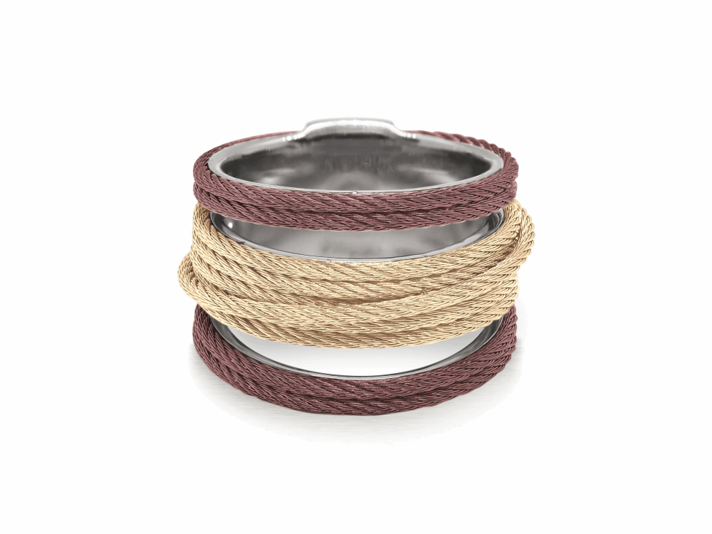 Carnation and burgundy cable with stainless steel. Imported. SKU: 02-29-S423-00 ALOR Noir Multi-Cable Separated Stack Ring in Burgundy and Yellow Alternating Cable - ALOR