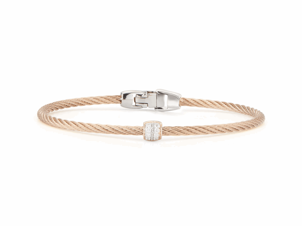 Carnation cable, 18 karat Rose Gold with 0.07 total carat weight Diamonds and stainless steel. Imported. SKU: 04-26-S917-11 ALOR Classique Carnation Single Cable Bangle with Rose Gold and Diamond Station - ALOR