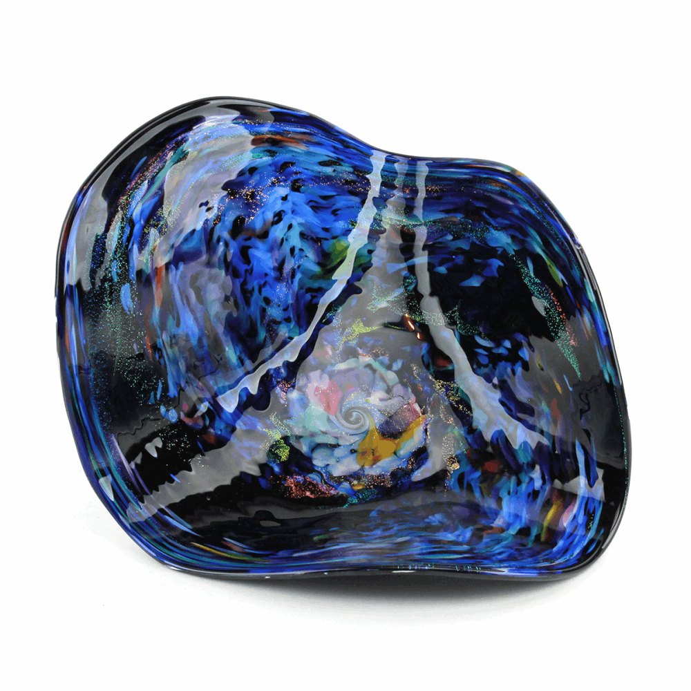 Blown Glass, Blue and Black Multi-Colored Flat Bowl. SIZE EXTRA SMALL. 12" Diameter 5" Height. Blue Galaxy Glass Bowl