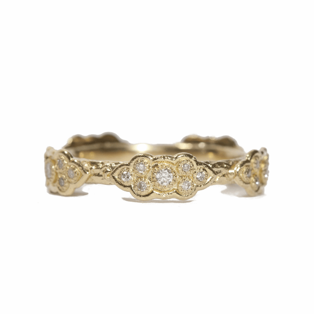 18k yellow gold sculpted scroll stack ring with white diamonds. Diamond Weight 0.22 ct. Sculpted Scroll Diamond Stack Ring