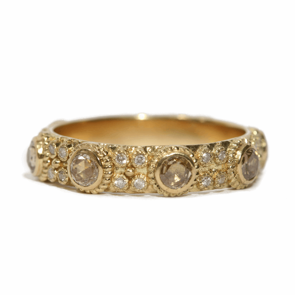 18k yellow gold 3mm rose-cut champagne diamond stack ring with white diamonds. Diamond Weight 0.9024 ct. Rose Cut Champagne Diamond Stack Ring