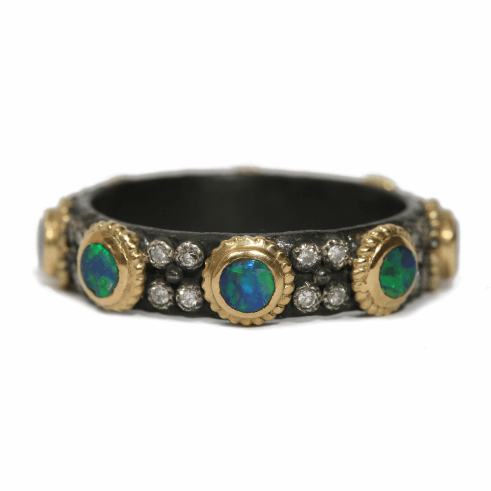 Blackened sterling silver and 18k yellow gold 3mm Boulder Opal stack ring with white diamonds. Diamond Weight 0.128 ct. Boulder Opal Stack Ring