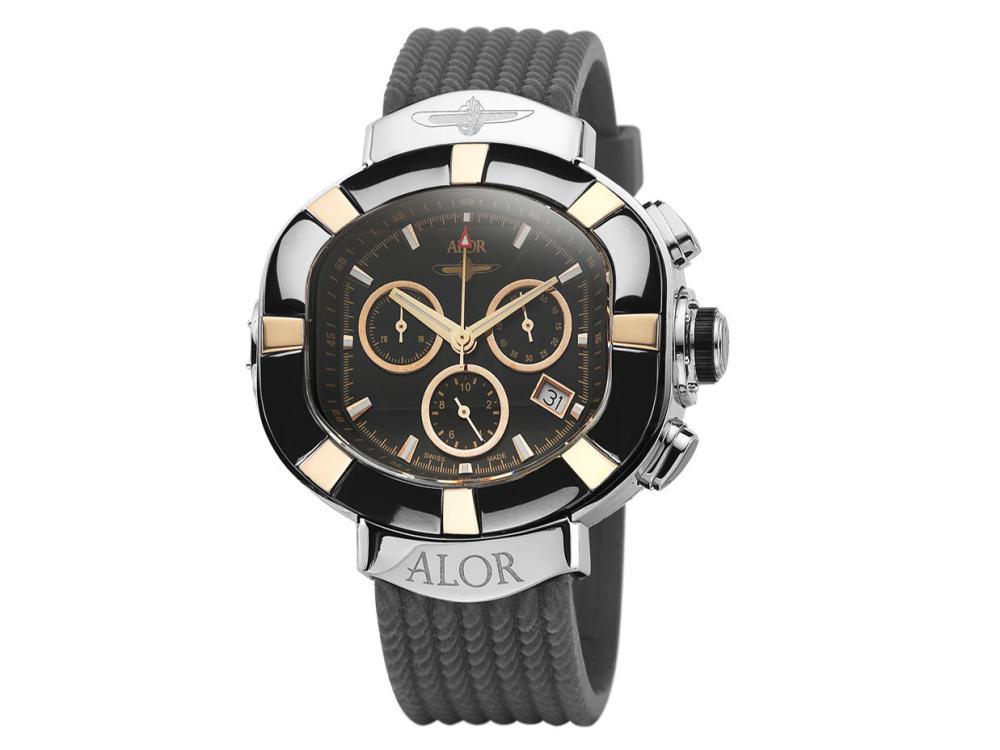 45mm Stainless Steel Black PVD bezel, Black Chronograph dial with rose markers, curved sapphire crystal, screw down crown on a Black Rubber Strap. Water resistant to 5ATM. - SUB-94-4-17-9003 Elite Sub - SUB-94-4-17-9003 - ALOR