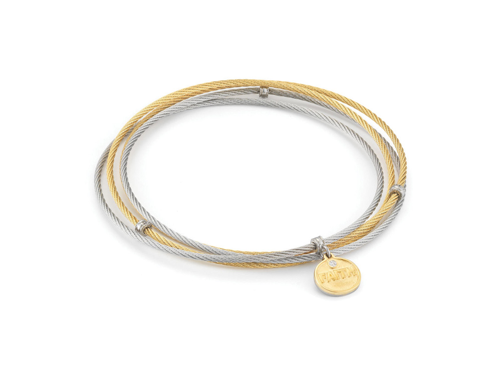 Grey and Yellow cable 4 row 1.6mm, 18kt. Yellow Gold with stainless steel and 0.01 Diamond FAITH charm. Imported. - 04-34-FAITH Classique - 04-34-FAITH - ALOR