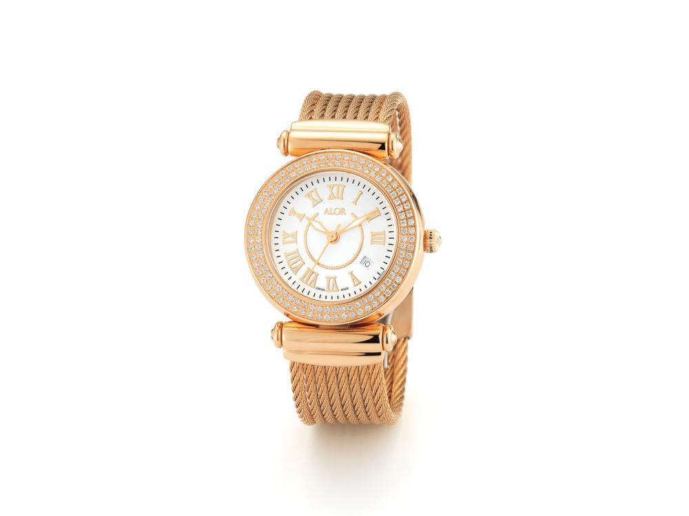 34mm Rose PVD Stainless Steel 0.60 total carat weight diamond bezel (120 stones), sapphire crystal and rose Roman marker dial on a Rose PVD Stainless Steel cable bracelet. Water resistant to 3ATM. - CAL-92-1-35-0103 Forte California - CAL-92-1-35-0103 - ALOR